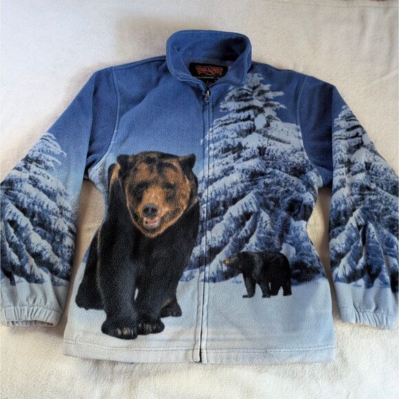 Vintage Bear Print Fleece Jacket Unisex Medium Blue Full Zip Mock Neck - Picture 2 of 7